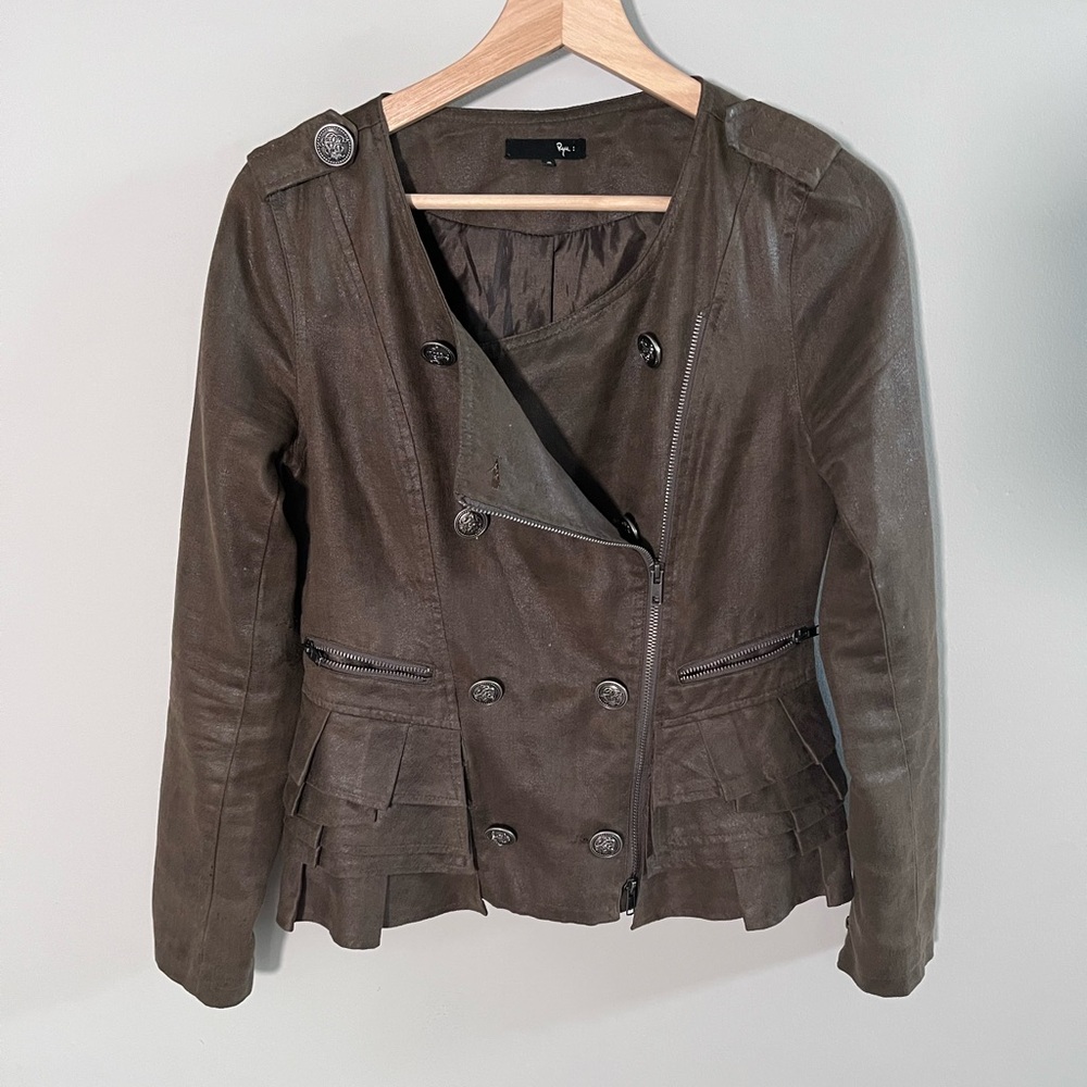 Ryu Womens Brown Faux Leather Ruffle Peplum Military Moto Jacket Small